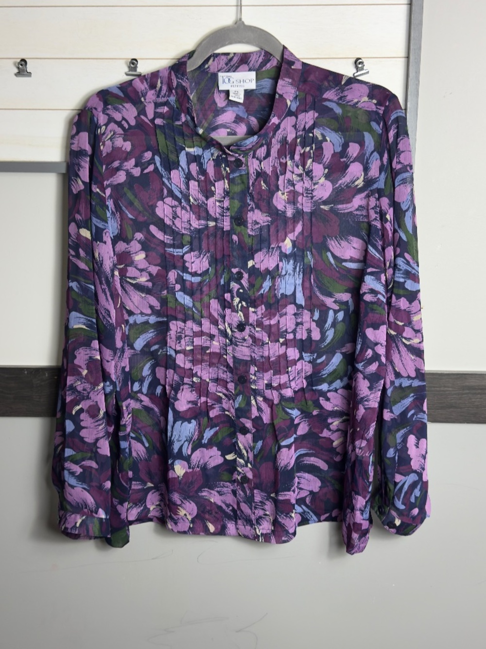 THE TOG SHOP petite size PL casual button down floral print transparent bib neck